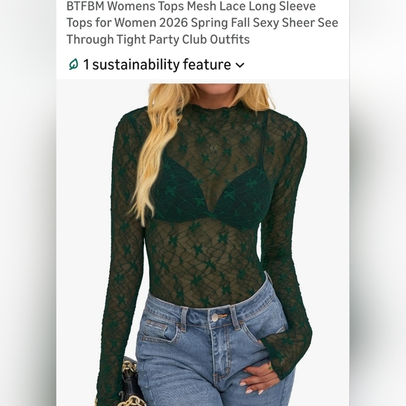 Tops - Sheer Lace Long Sleeve Top - Green. W-51
